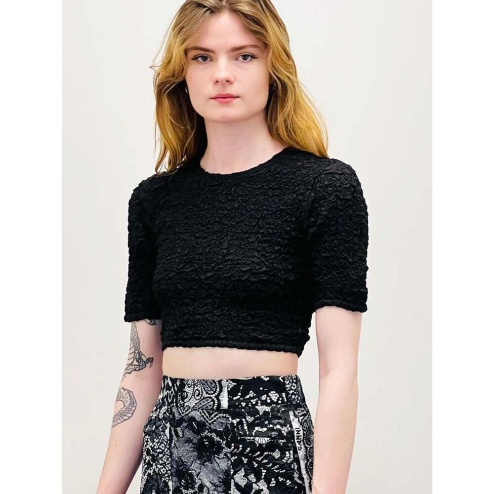 GANNI Cotton Poplin O-Neck Cropped Smock Top Black